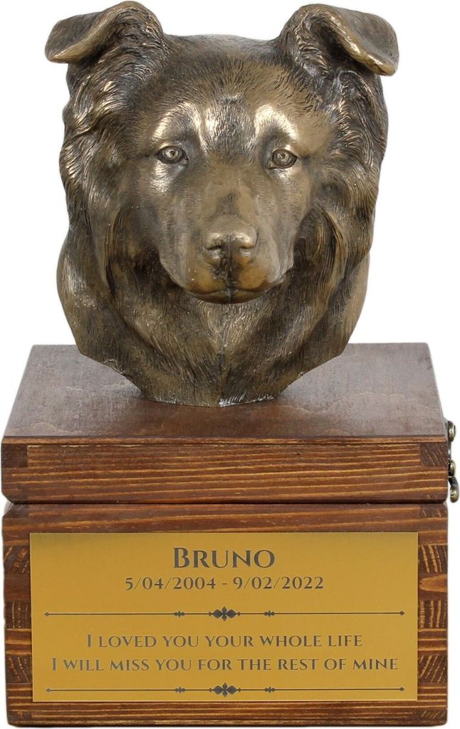 Border Collie - Eine Ascheurne für Hunde mit einer Statuette, eine kleine Urne für Hunde, eine personalisierte Urne mit dem Porträt eines Hundes...