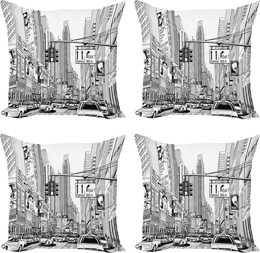 ABAKUHAUS New York Kissenbezug Set (4 Stück), Downtown Manhattan, Moderner Doppelseitiger Digitaldruck, 45 cm x 45 cm, Schwarz und weiß