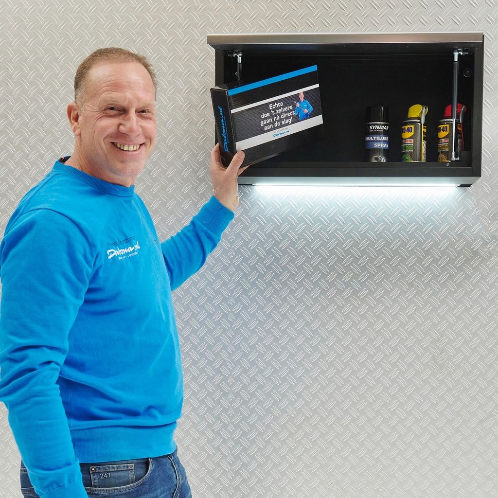 Premium-Serie Werkstattschrank Hängeschrank Schwarz mit Gasfedern und LED-Beleuchtung, stoß- und kratzfest