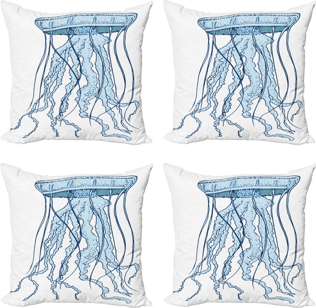 ABAKUHAUS Qualle Kissenbezug Set (4 Stück), Exotische Seegeschöpf Retro, Moderner Doppelseitiger Digitaldruck, 45 cm x 45 cm, Baby Blue und Seeblaue