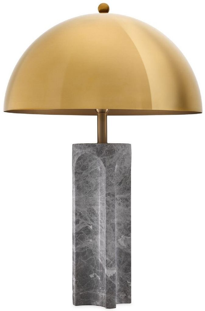 Casa Padrino Luxus Tischleuchte Grau / Antik Messingfarben Ø 50 x H. 76 cm - Moderne Marmor Schreibtischleuchte mit rundem Metall Lampenschirm - L...