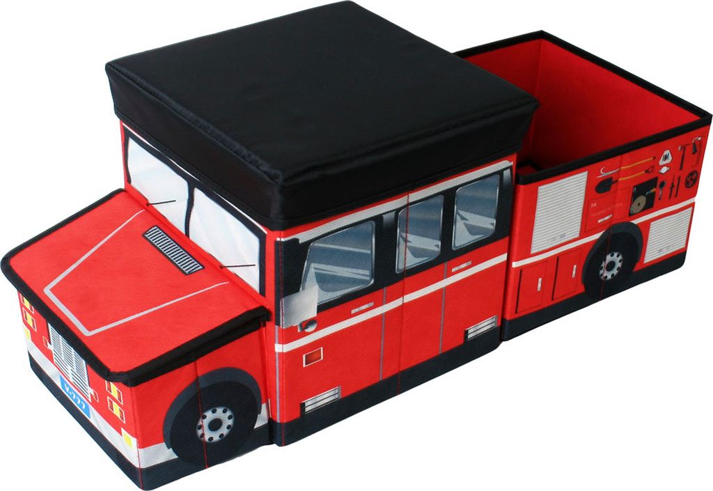 TE-Trend Faltbare Feuerwehr Auto Aufbewahrungsbox Ordnungsbox Spielbox Kinder Jungen Spielzeugtruhe Hocker Deckel rot mehrfarbig