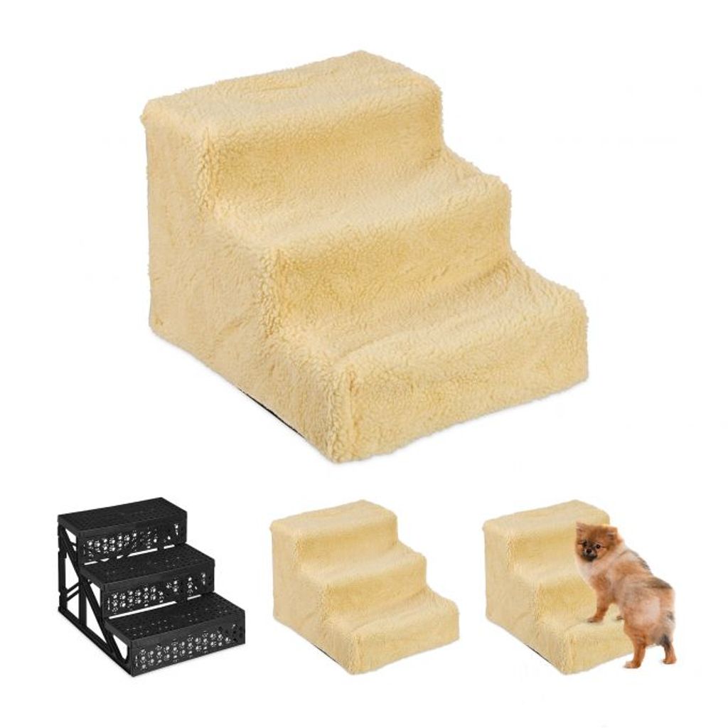 A collage of dog stairs, including a close-up of a beige three-step stair and a small dog using one.