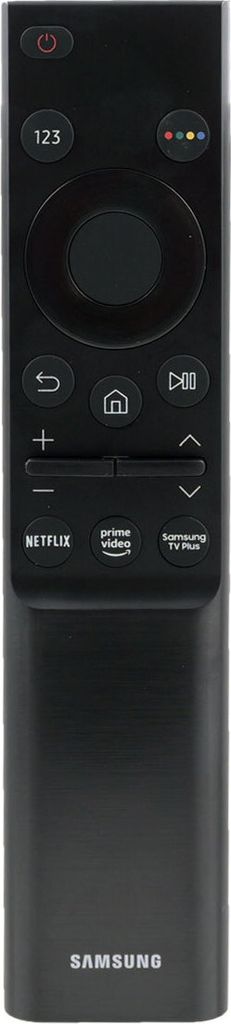 A black Samsung TV remote control is shown against a black background.