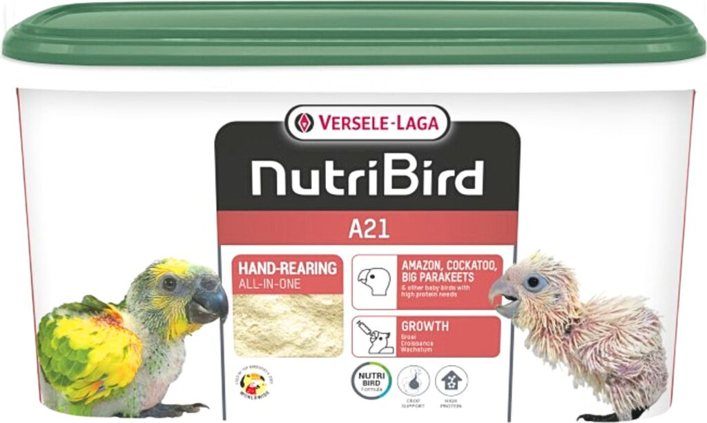 A tub of Versele-Laga NutriBird A21 hand-rearing food for baby birds, with images of two young parrots.
