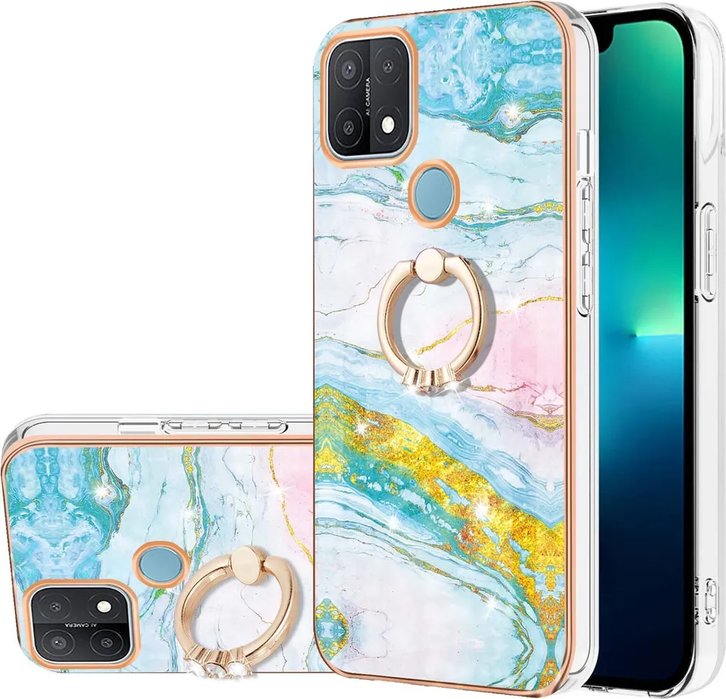 Custodia Marmo Oppo A15 / A15S Blu - Cover TPU con Anello Supporto