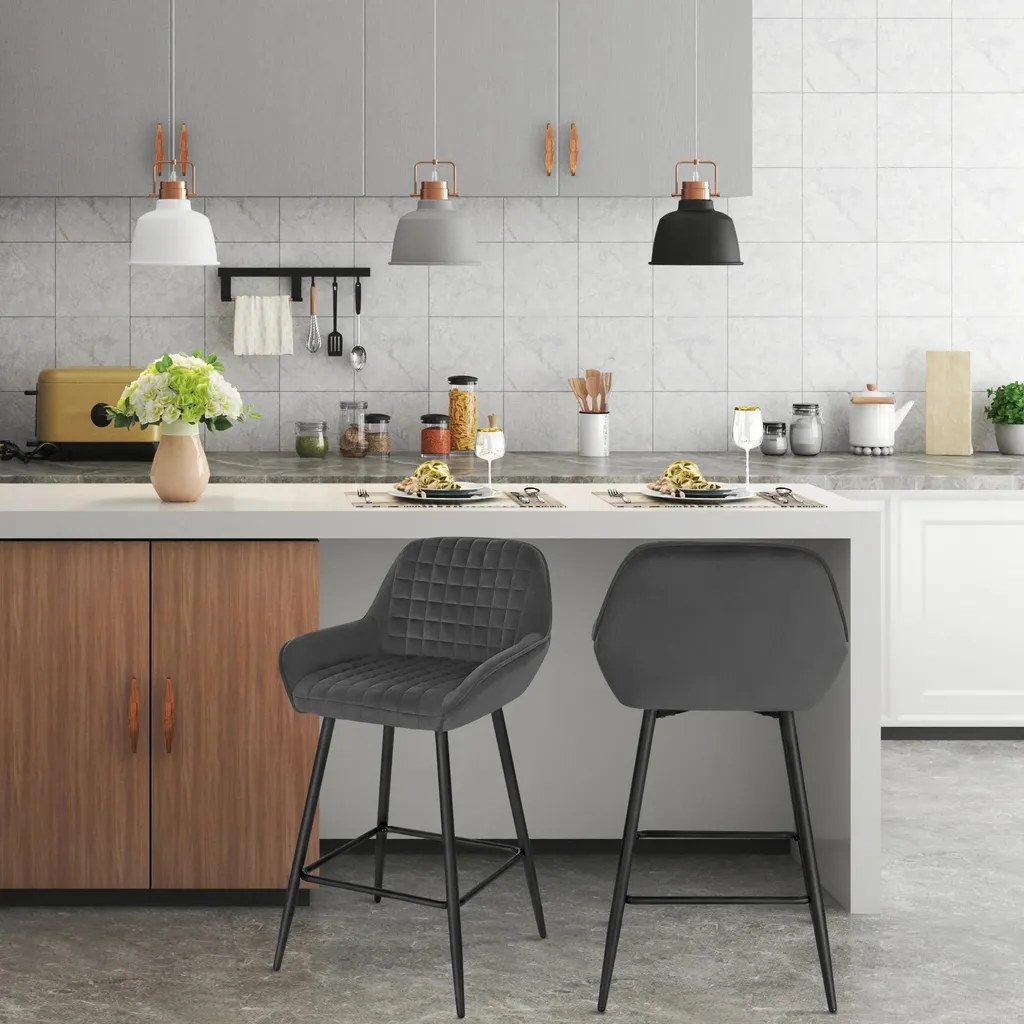 Tabouret de bar pour îlot central en velours gris avec dossier - Set de 2 - 2