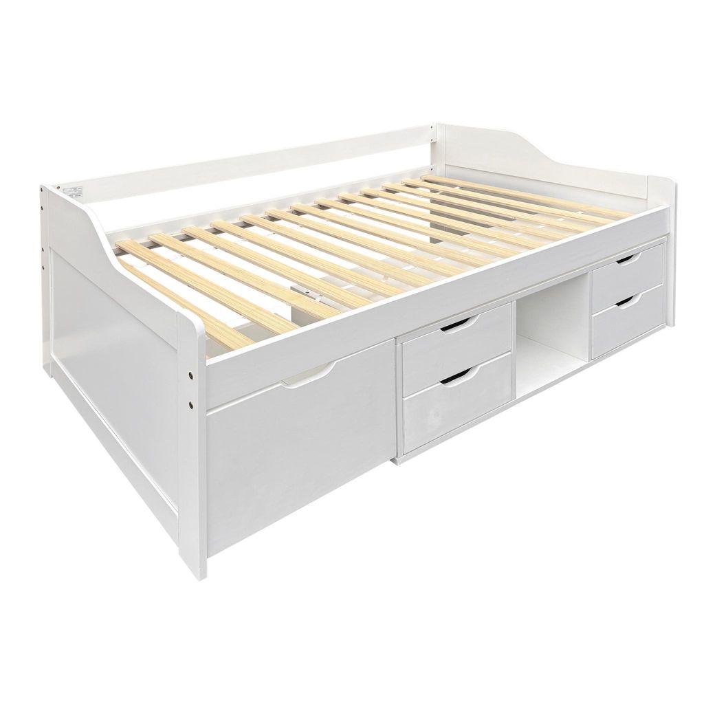 Schlafsofa / Tagesbett (ohne Matratze) 90x190 cm , Kinderbett im schlichten Design, weisses Bett aus Kiefernholz und MDF mit Stauraum und Schubladen