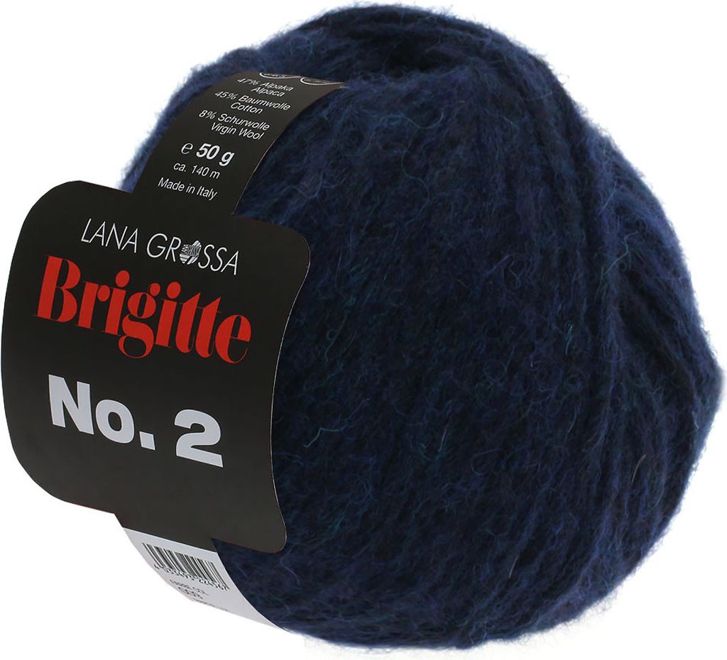 A ball of dark blue yarn with a label attached.