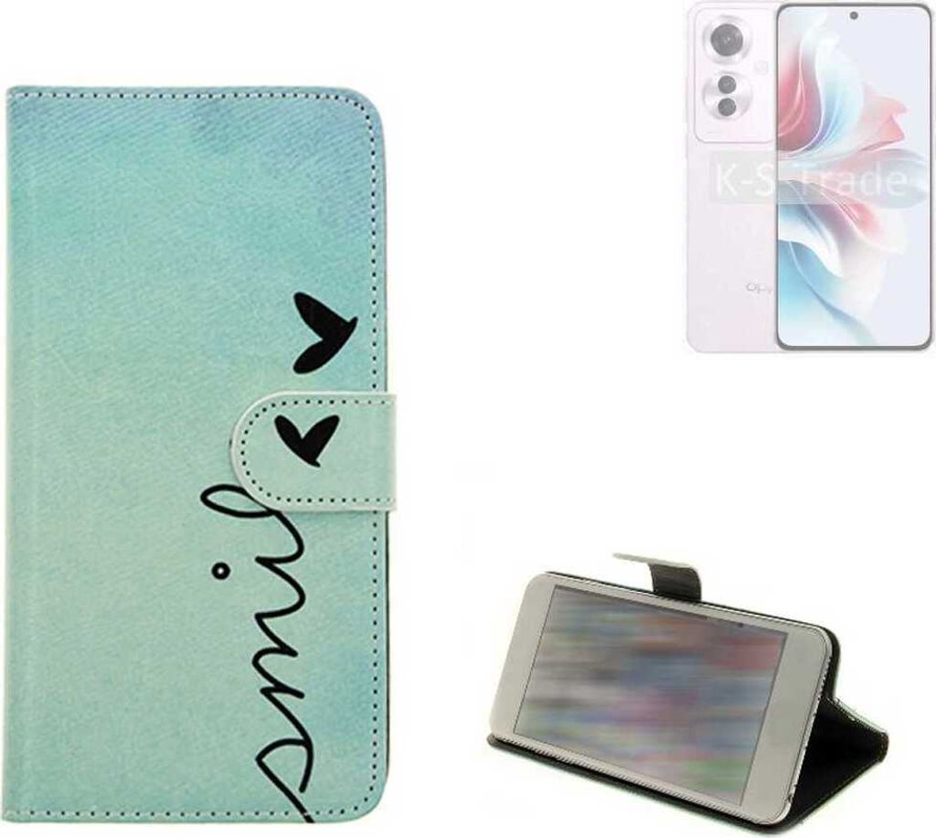 K-S-Trade Schutz Hülle Handy Hülle kompatibel mit Oppo Reno11 F 5G Hülle Handyhülle cover bookstyle Etui Handyhülle “smile“ türkis