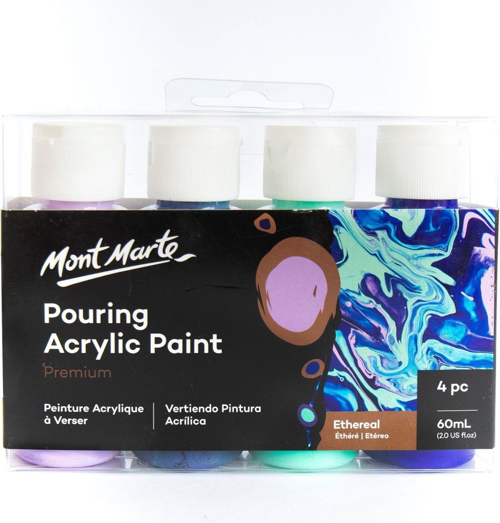 Mont Marte Bastelfarbe PREMIUM Pouring Acrylfarbe, Gieß-Acryl, je 4 x 60 ml, Farbe Ethereal,Untereinander vermischbar & bereits mit Medium vorgemi...