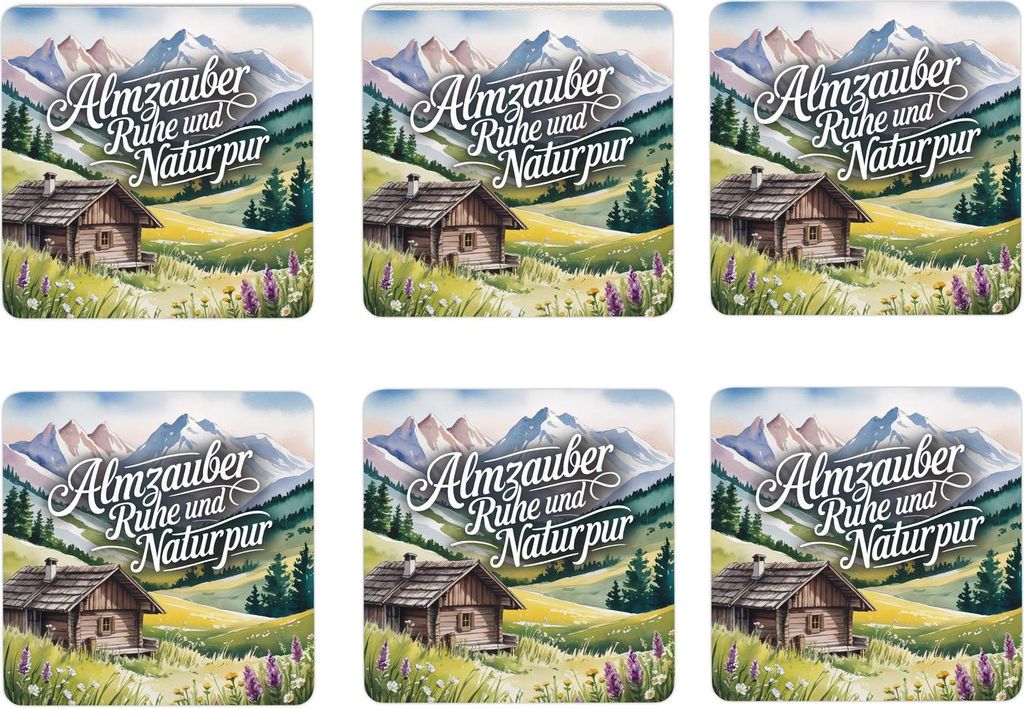 Oberbayern Alpenwiese 6er Set Untersetzer aus Holz - Almzauber