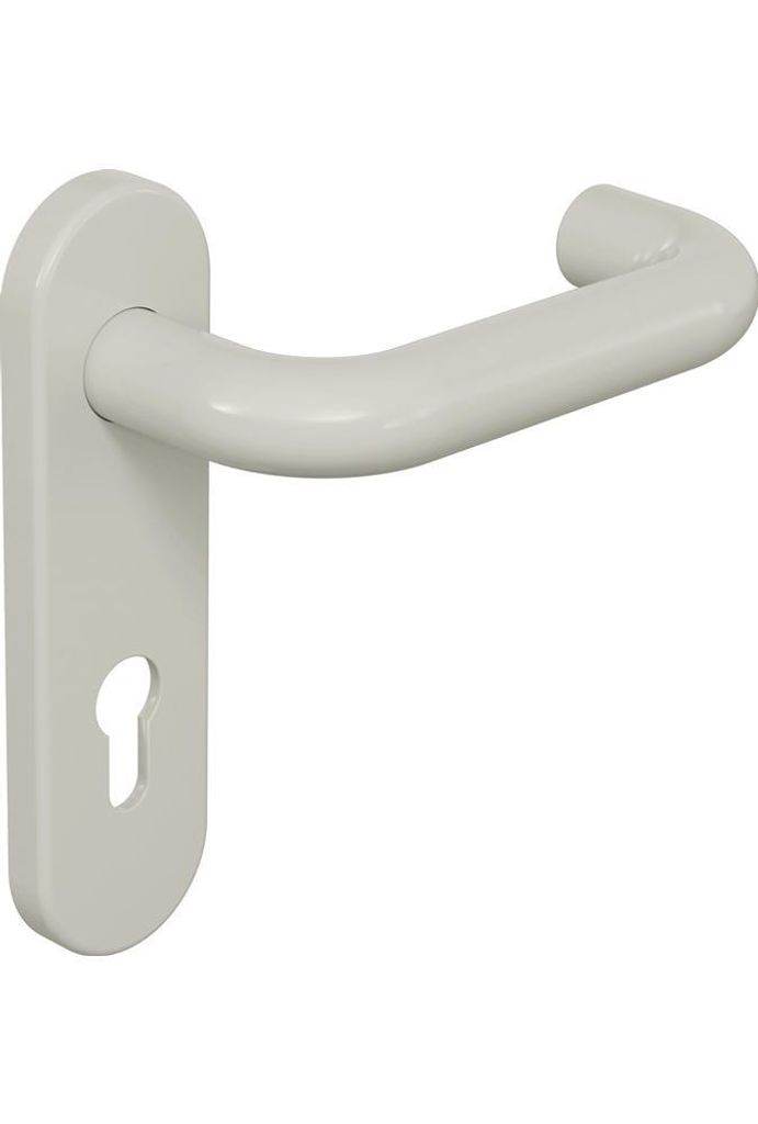 A light gray door handle with a keyhole plate, shown against a white background.
