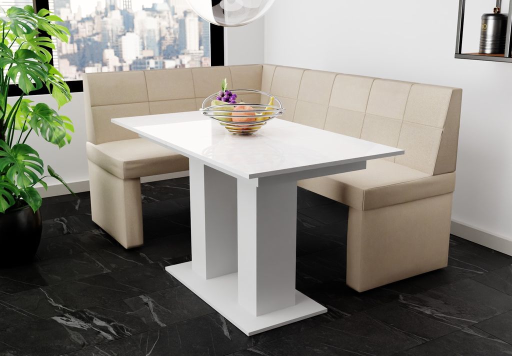 Eckbankgruppe 196x142 cm BLAKE XL R Stoff Soro Creme / Esstisch DANTE Weiß HGL