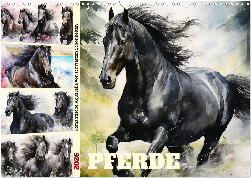 Pferde. Romantische Aquarelle von schwarzen Schönheiten (Wandkalender 2026 DIN A3 quer), CALVENDO Monatskalender