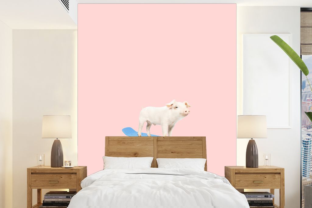 MuchoWow Fototapete für Wohnzimmer oder Schlafzimmer Wandtapete Vinyl Motivtapete Schwein - Rosa - Skateboard - Blau - Tiere - 190x260 cm - Papi...