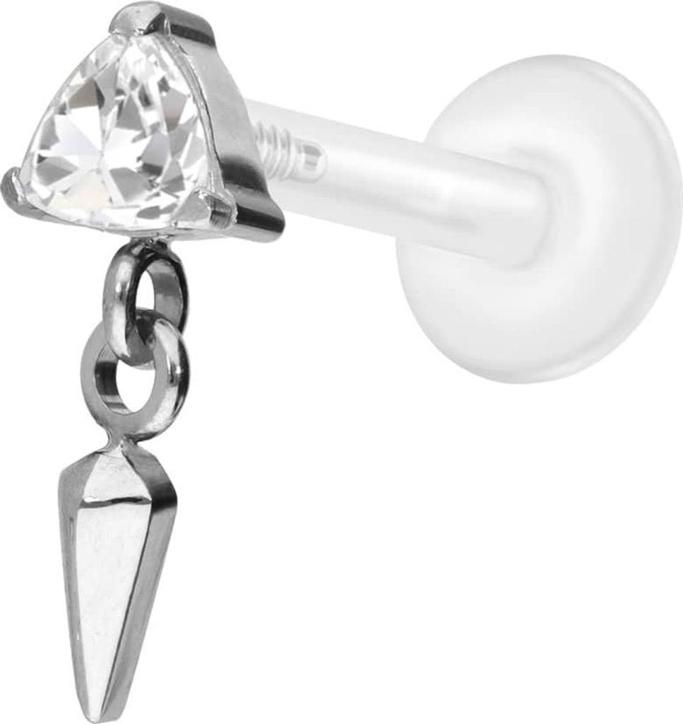 Ohrpiercing, Nasenpiercing PTFE Labret mit Innengewinde + Titan-Aufsatz KRISTALLDREIECK + SPITZE Silber Stablänge: 9mm | Stabstärke: 1,2mm