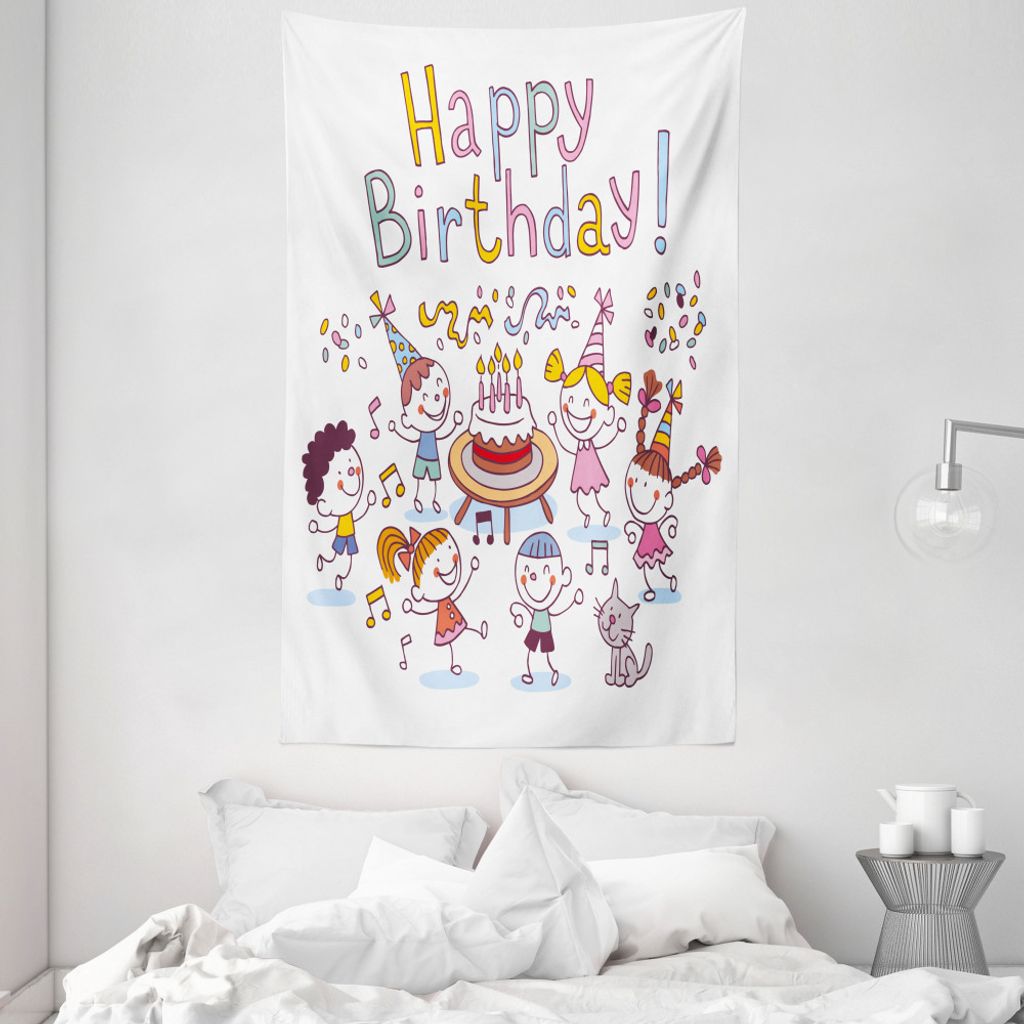 ABAKUHAUS Geburtstag Wandteppich und Tagesdecke, Kindergeburtstagsfeier aus Weiches Mikrofaser Stoff Waschbar ohne Verblassen Digitaldruck, 140 x 2...