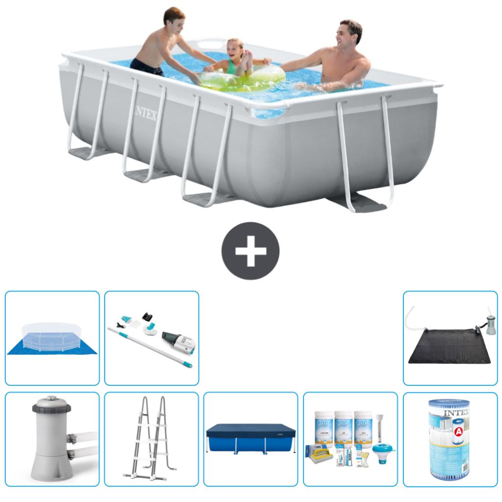 Intex Rechteckiges Prisma-Rahmen-Schwimmbecken – 300 x 175 x 80 cm – Grau – inklusive Pumpe – Leiter Abdeckung - Wartungspaket - Filter - B...