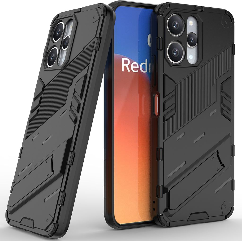 Armor Hülle für Xiaomi Redmi 12 /Note 12R/Poco M6 Pro 5G, Hybrid PC TPU Bumper Stoßfestes Schutzhülle mit Standfunktion Schwarz