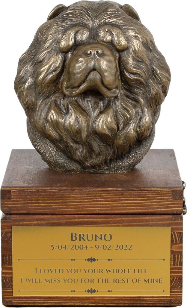 Chow Chow - Eine Ascheurne für Hunde mit einer Statuette, eine kleine Urne für Hunde, eine personalisierte Urne mit dem Porträt eines Hundes von...