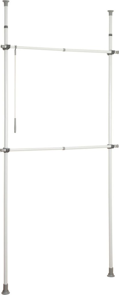 A white and gray telescopic wardrobe system against a white background.