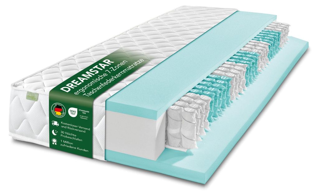 Taschenfederkernmatratze 120x200 cm | 25 cm Höhe | H2 & H3 Wendematratze | Dreamstar Ergo Flex TFK Ultra