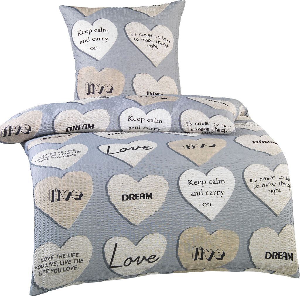 2-tlg. Seersucker Bettwäsche, 135 x 200 +80x80cm, bügelfrei, Microfaser, grau, Herz, Love