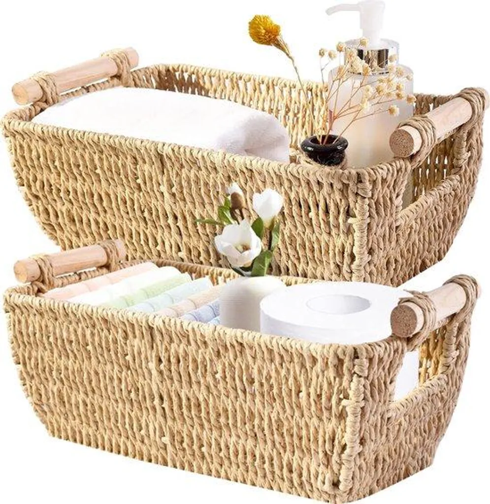 Panier de rangement tressé avec poignée en bois pour meuble de cuisine
