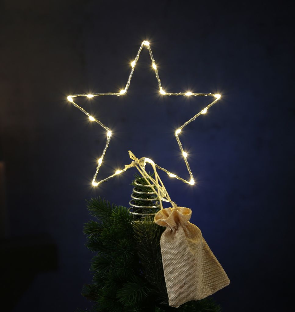 LED Weihnachtsbaumspitze Stern - 20 warmweiße LED - Batterie - Timer - H: 27cm - silber