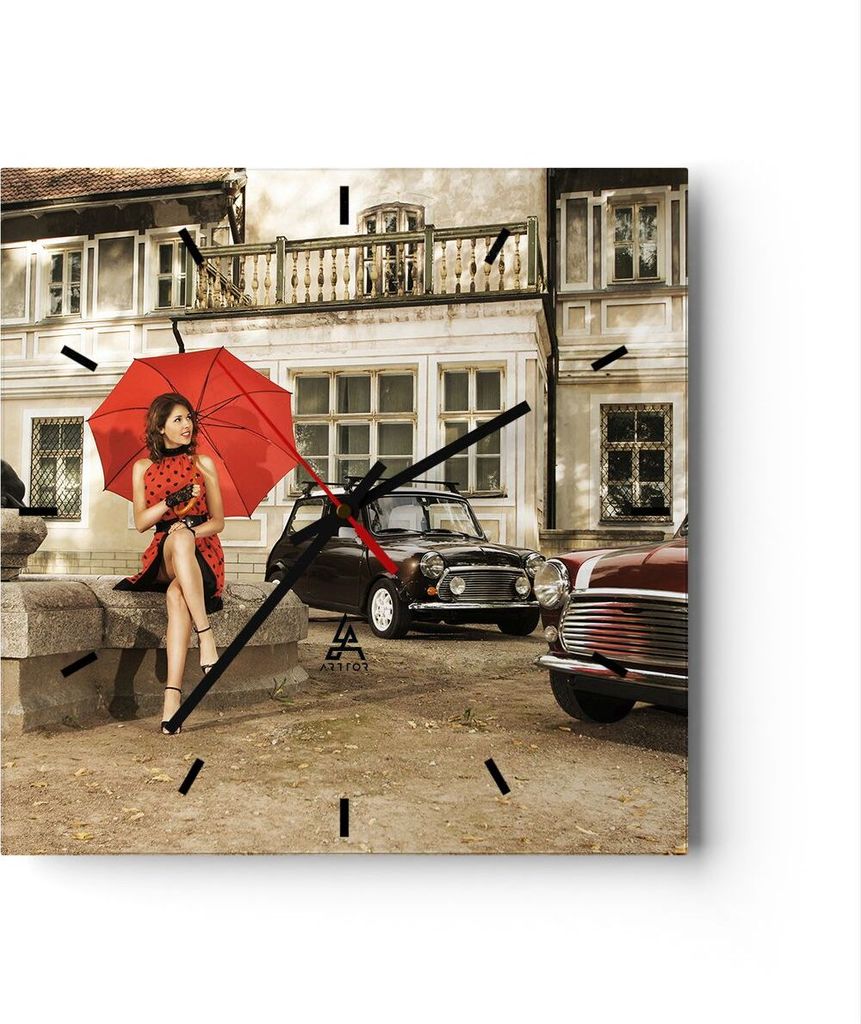 Wanduhr - Quadrat - Glasuhr - Attraktiv Frau Spaziergang Regenschirm - 30x30cm - Schleichendes Uhrwerk - Lautlos - zum Aufhängen bereit - Dekorati...