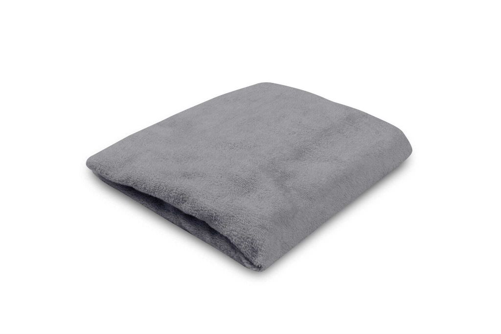 A folded gray towel on a white background.