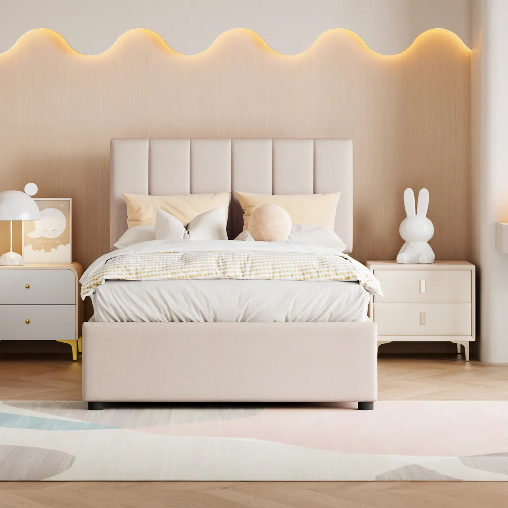 Lit gain de place 90x200 cm lin beige Fortuna Lai - Rangement Hydraulique