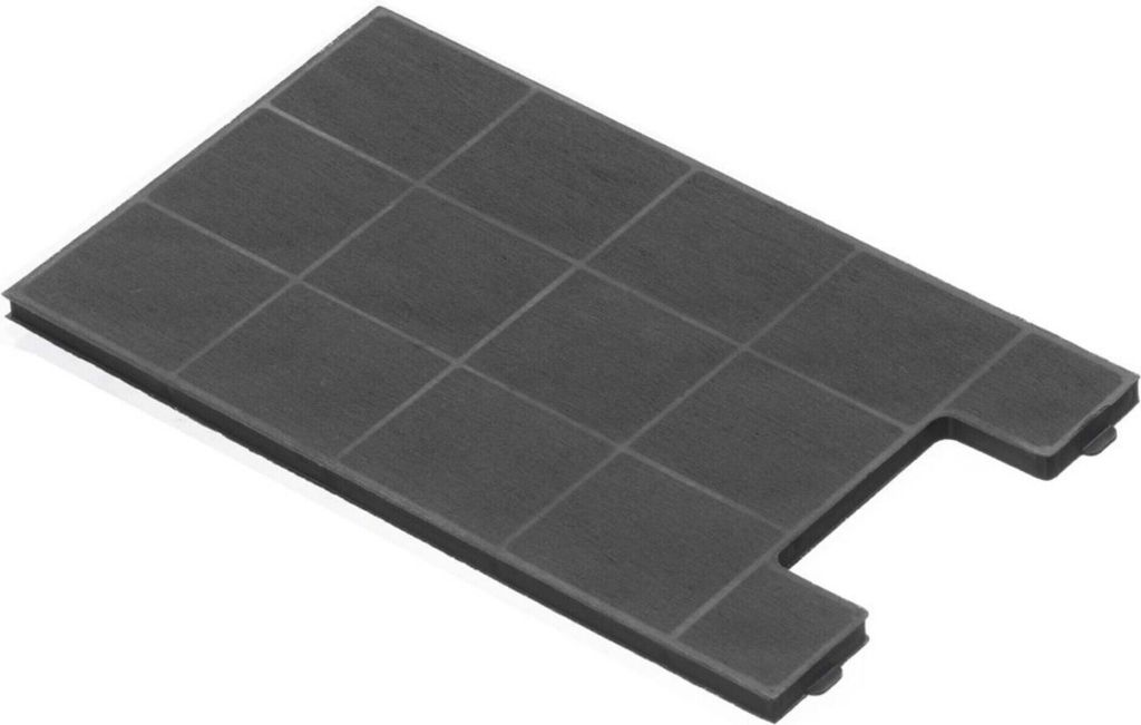 A black, rectangular carbon filter with a grid pattern on top and two tabs on the side.