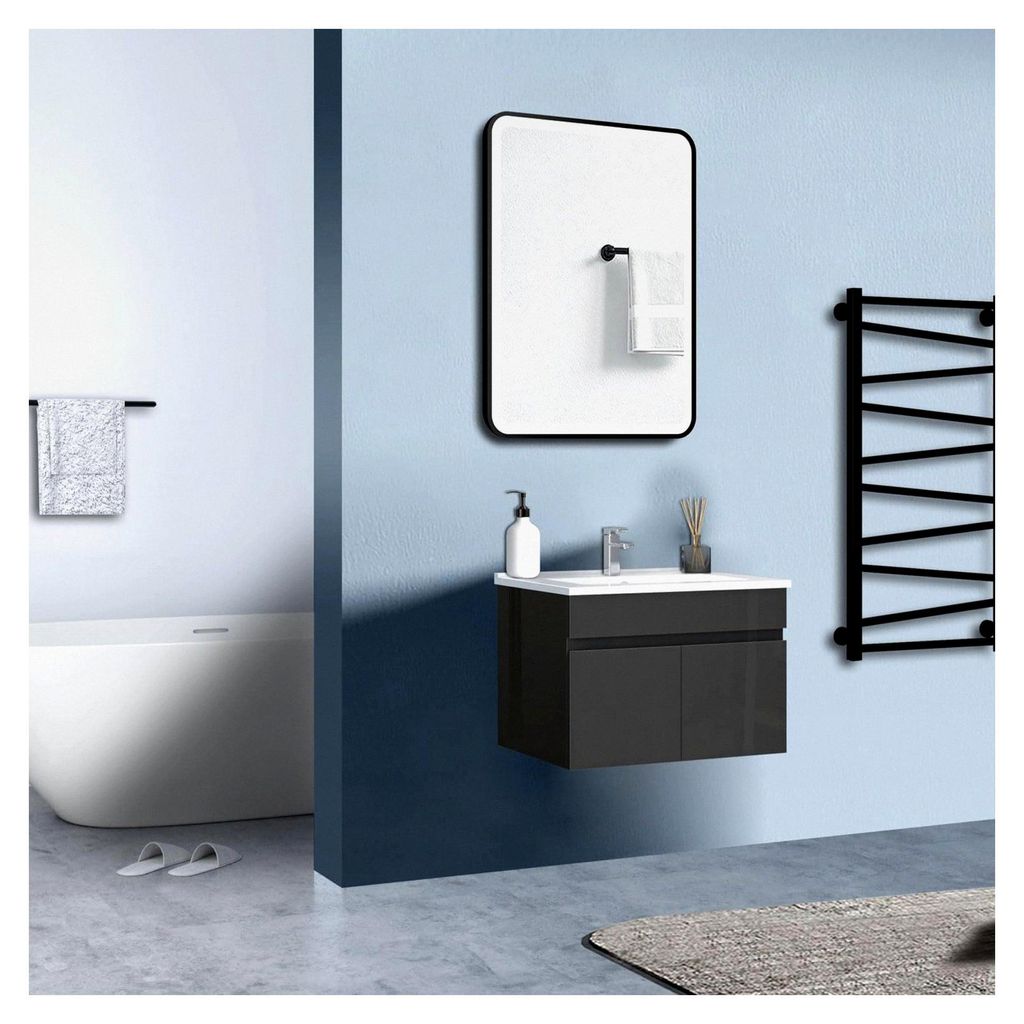 Waschtisch 60 cm mit Unterschrank Soft-Close Badmöbel Set mit Keramikwaschbecken für Gäste-WC Hochglänzend Anthrazit