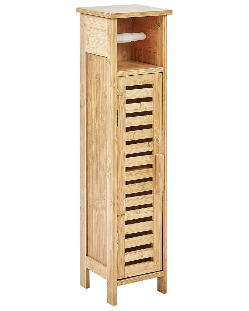 A tall, narrow bathroom cabinet made of light brown bamboo wood.