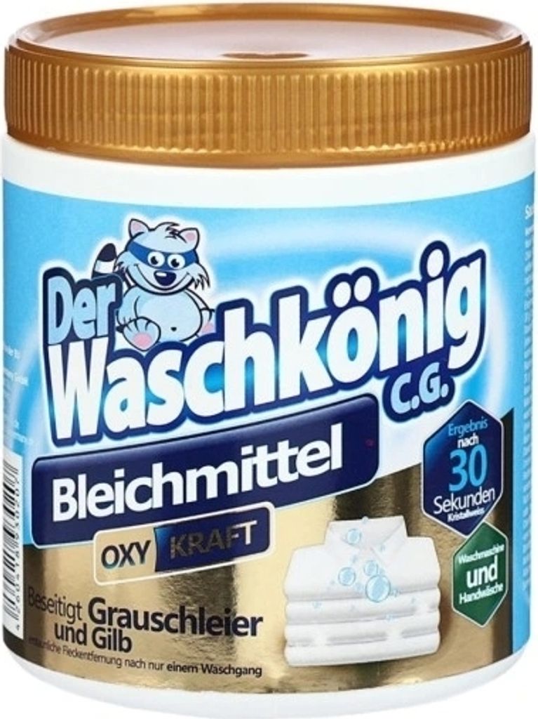 A product shot of a laundry bleach container with branding and product information.