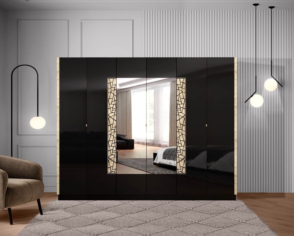 Schlafzimmer-Set Stella 6-Teilig in Schwarz/Gold Hochglanz 6-Türig