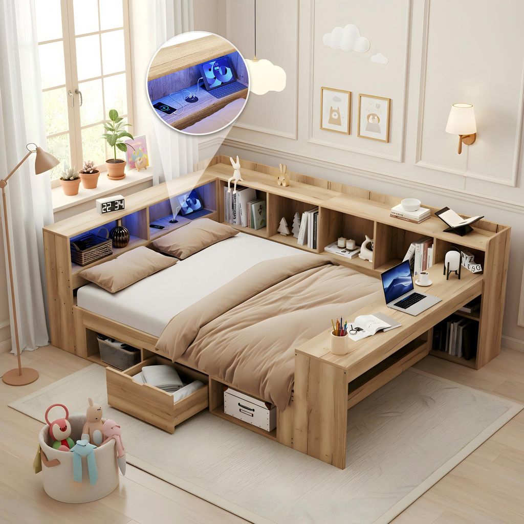 Flieks Jugendbett 140x200cm mit Schreibtisch, Kinderbett mit Led und Ladefunktion, Stauraumbett Doppelbett mit Schublade und Staufach, Naturbelassen