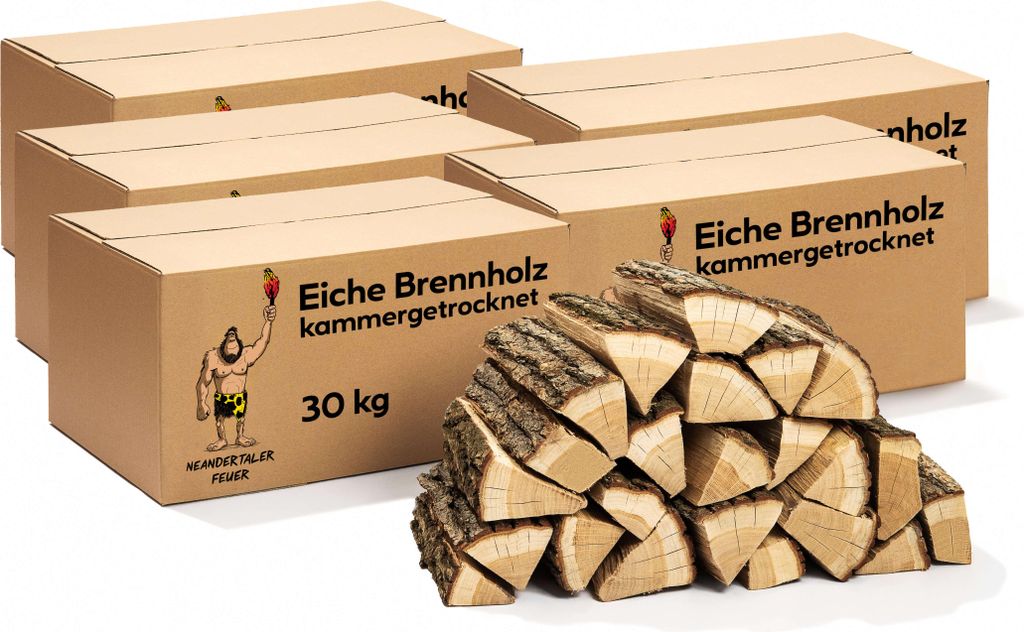 Neandertaler Feuer Brennholz Eichenholz Kaminholz - Grillholz 25 cm 150 kg | Hartholz Eichen Feuerholz | Holz für Grill Kamin Smoker Ofen | Firewood