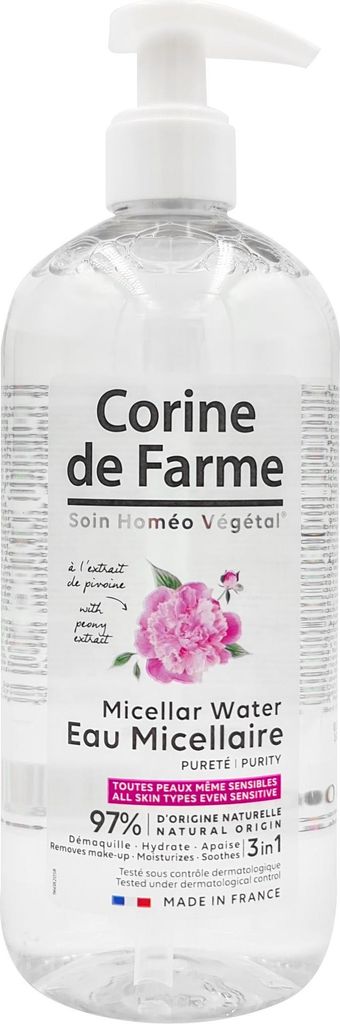 Corine de Farme Purity micellar water, Frauen, 500 ml, trockene Haut, Empflindliche Haut, Wirkt beruhigend, Reinigend, Feuchtigkeitsspendend, Pumpe...