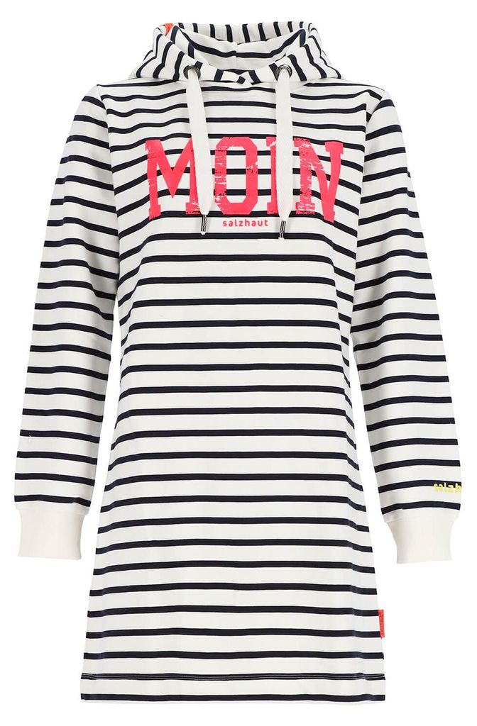 Salzhaut Damen Hoodie-Kleid Aust mit Moin-Print und Streifen - Gestreiftes Langarm-Kapuzenkleid in Nay-Offwhite-Neon-Pink Größe M