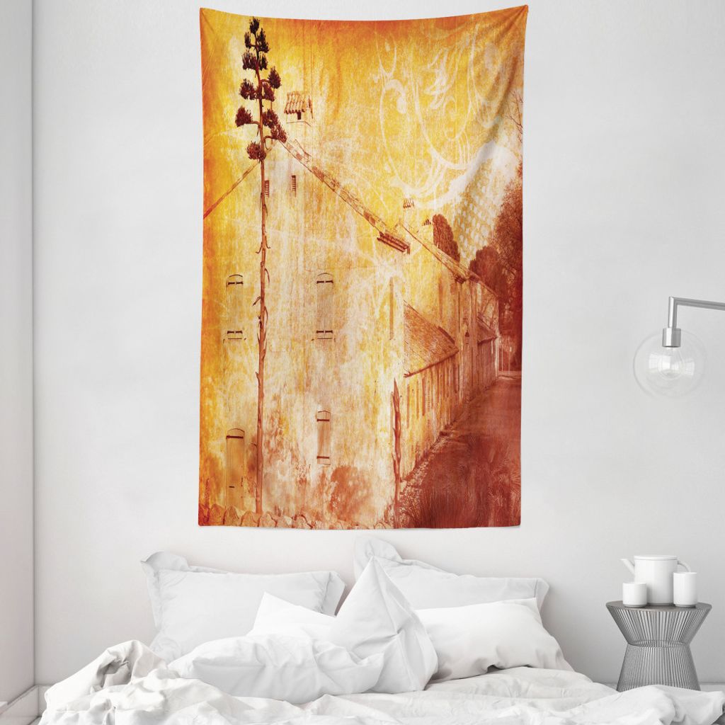 ABAKUHAUS Orange Wandteppich und Tagesdecke, Retro Französisch Straße aus Weiches Mikrofaser Stoff Waschbar ohne Verblassen Digitaldruck, 140 x 2...