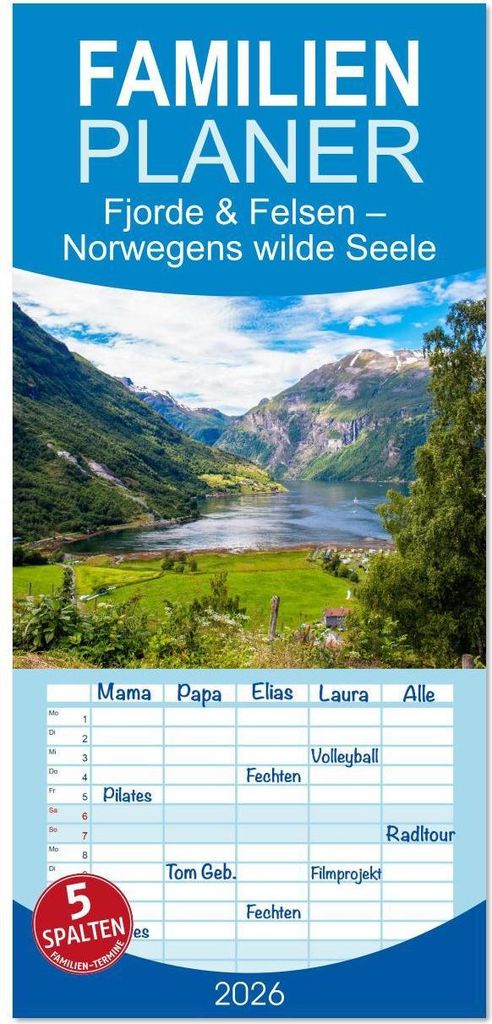 Familienplaner 2026 - Fjorde & Felsen - Norwegens wilde Seele mit 5 Spalten (Wandkalender, 21 x 45 cm) CALVENDO