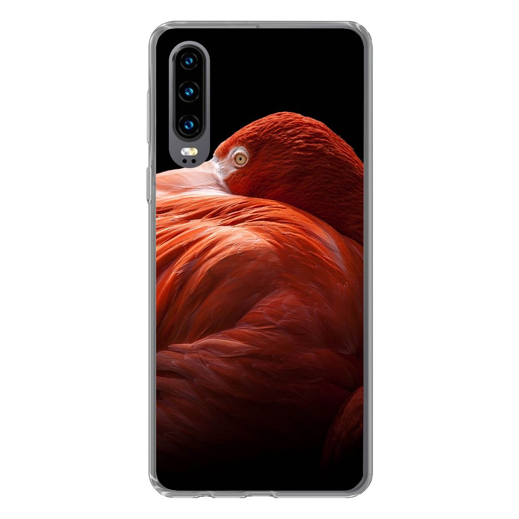 MuchoWow Handyhülle Schutzhülle Hülle für Huawei P30 Flamingo - Federn - Rosa Silikon Softcase Handy Hülle - Kartenbesitzer