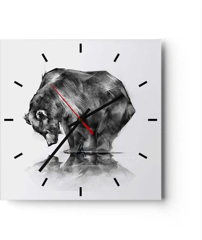 Wanduhr - Quadrat - Glasuhr - Bär Tier - 40x40cm - Schleichendes Uhrwerk - Lautlos - zum Aufhängen bereit - Dekoration Modern - Wanddekoration au...
