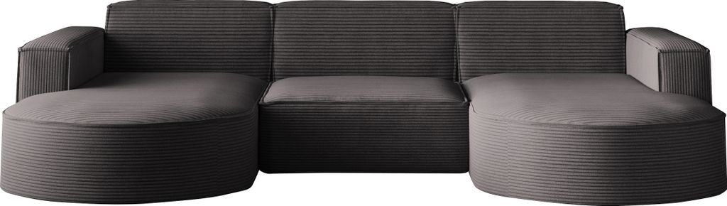 A dark gray U-shaped sectional sofa with a textured fabric.
