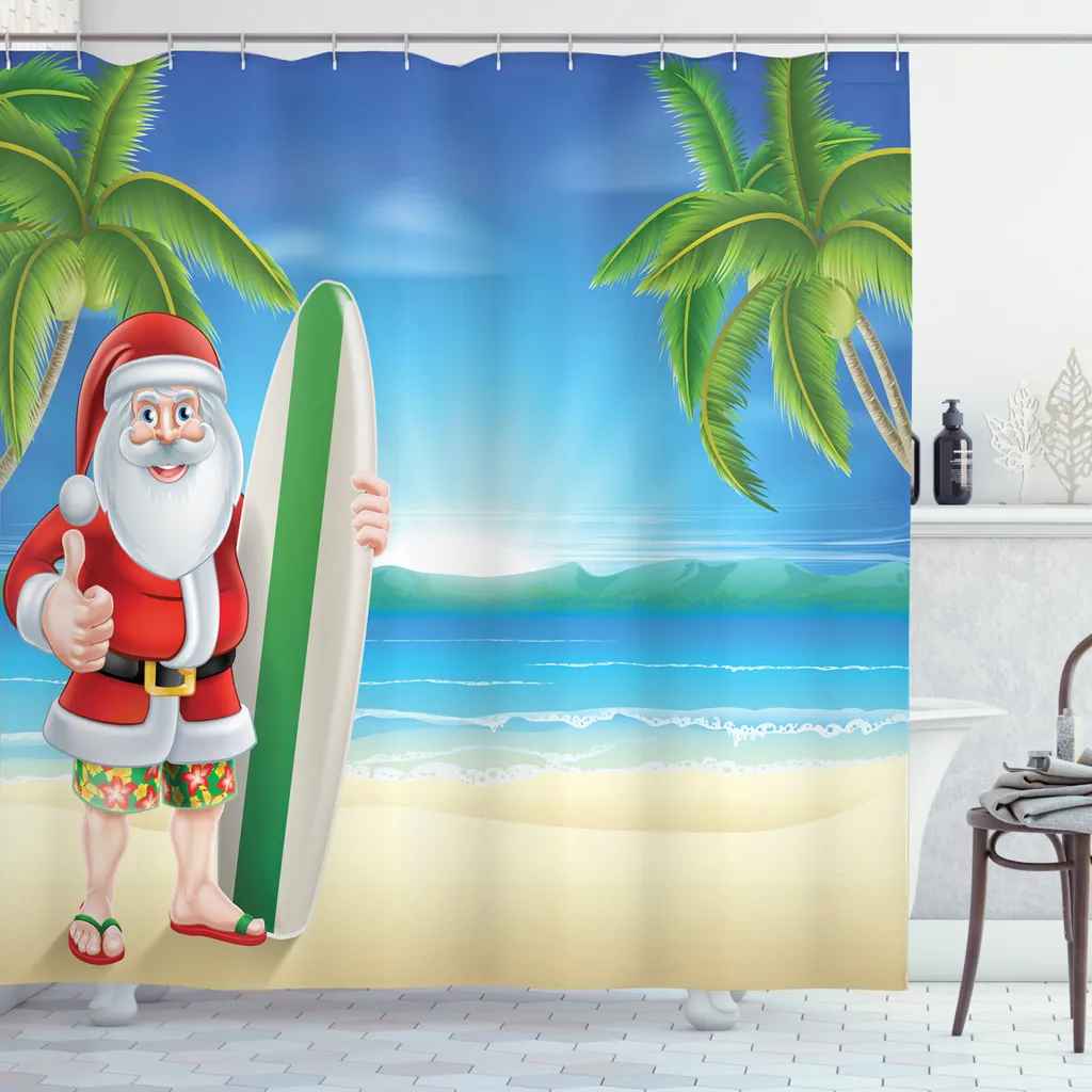 Tenda Doccia Natalizia ABAKUHAUS 175x220 - Babbo Natale Surfista Blu