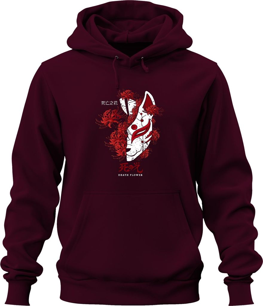 Kitsune Maske Spinnenlilie Higanbana Lycoris DEATH FLOWER retro Uni Hoodie Kapuzenpullover, Burgundy, L
