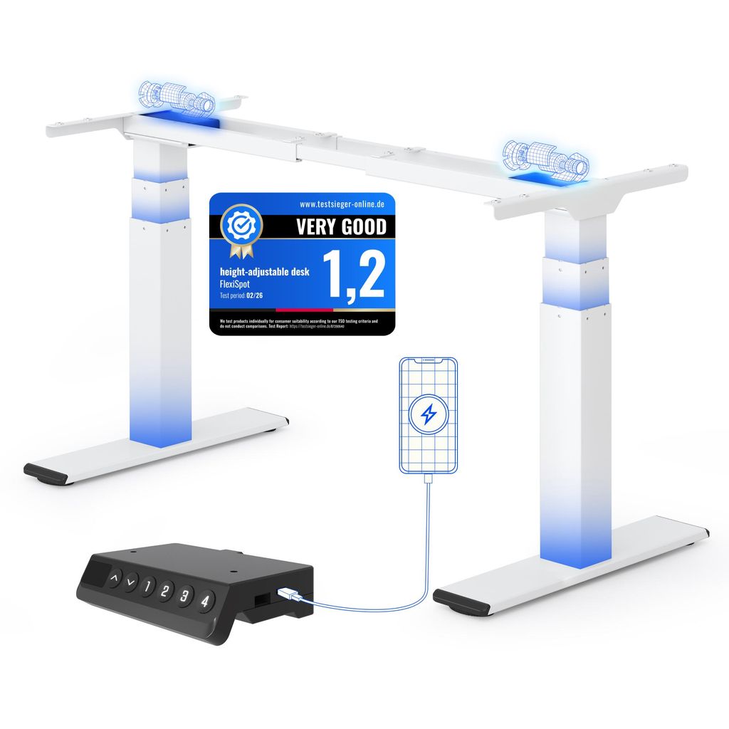 FLEXISPOT ValtreX E200 Höhenverstellbarer Schreibtisch 200 kg Tragkraft, 2 Motoren, USB-Anschluss, 4 Speicherfunktionen, 3‐stufiges Gestell (Weiß)